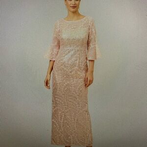 Adrianna Papell Hand Sequined Embroidered Long Column Gown Blush Pearl  Size 16